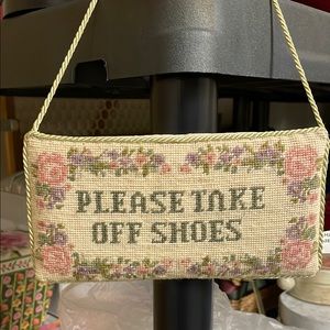 Floral 'Please Take Off Shoes' Needlepoint Door Sign